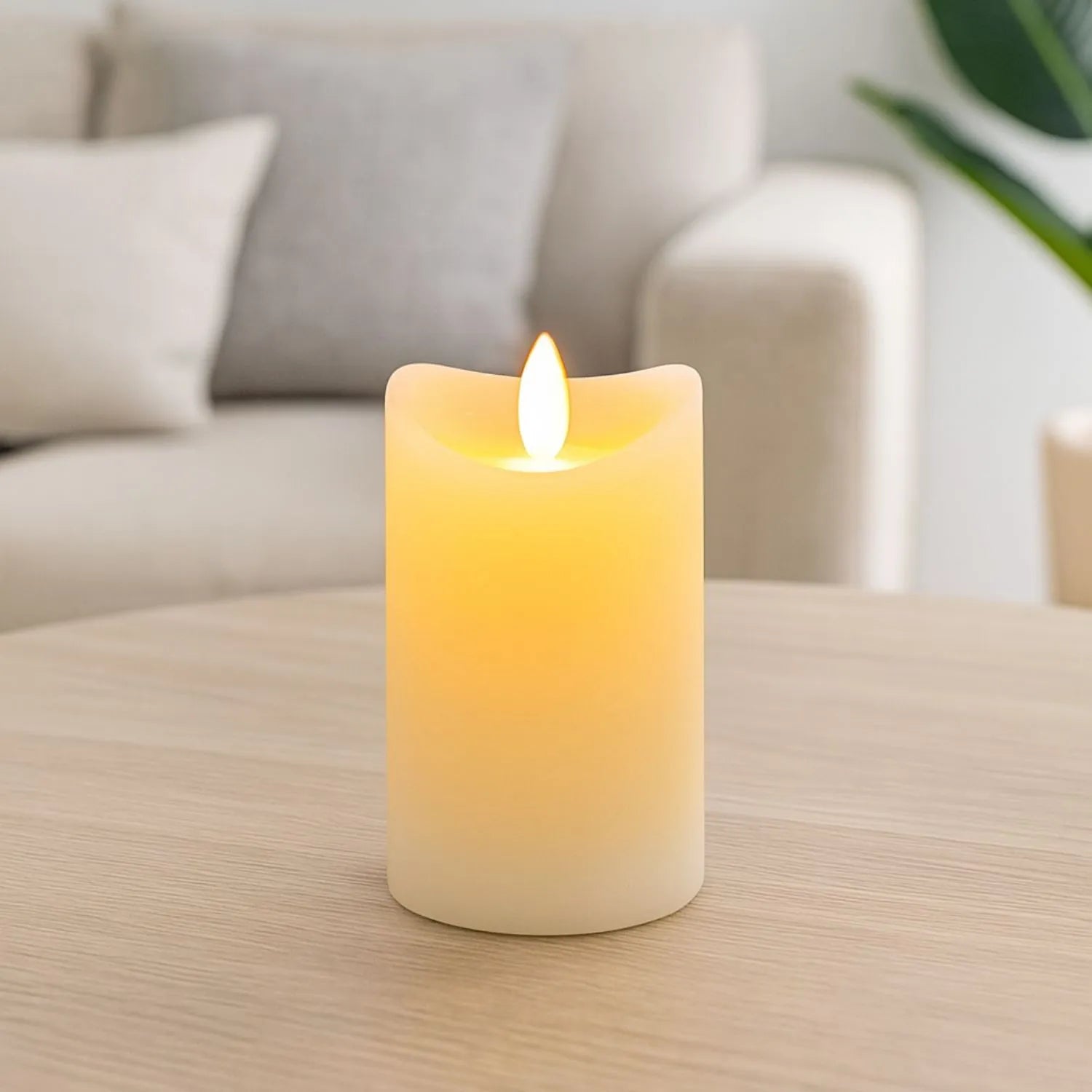 Medium Cream Melted-Effect Real Wax LED Flameless Pillar Candle with Flickering Flame – Battery Operated Decorative Light 12x7x7cm | Click Style