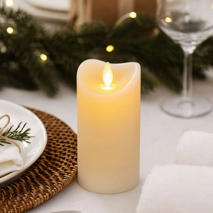 Medium Cream Melted-Effect Real Wax LED Flameless Pillar Candle with Flickering Flame – Battery Operated Decorative Light 12x7x7cm | Click Style
