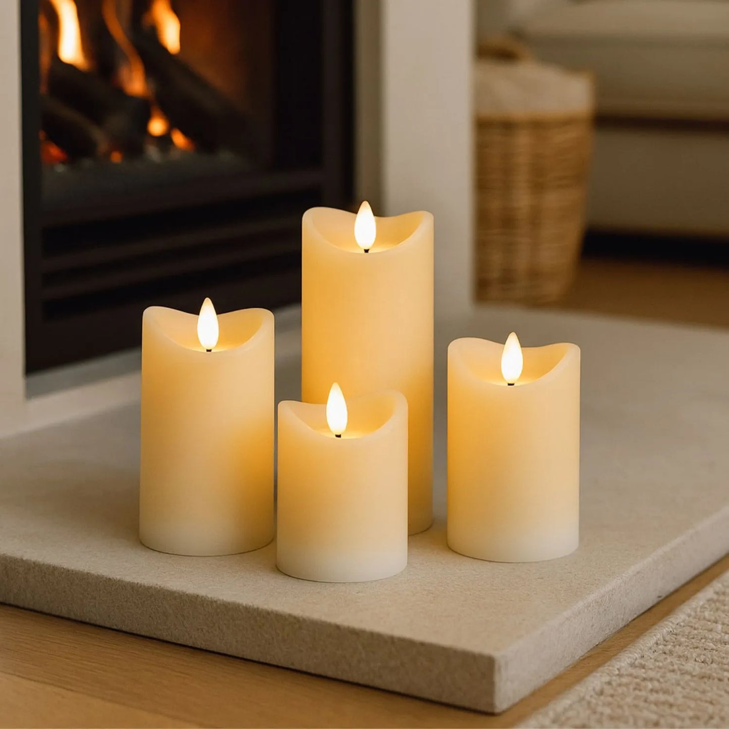 Medium Cream Melted-Effect Real Wax LED Flameless Pillar Candle with Flickering Flame – Battery Operated Decorative Light 12x7x7cm | Click Style