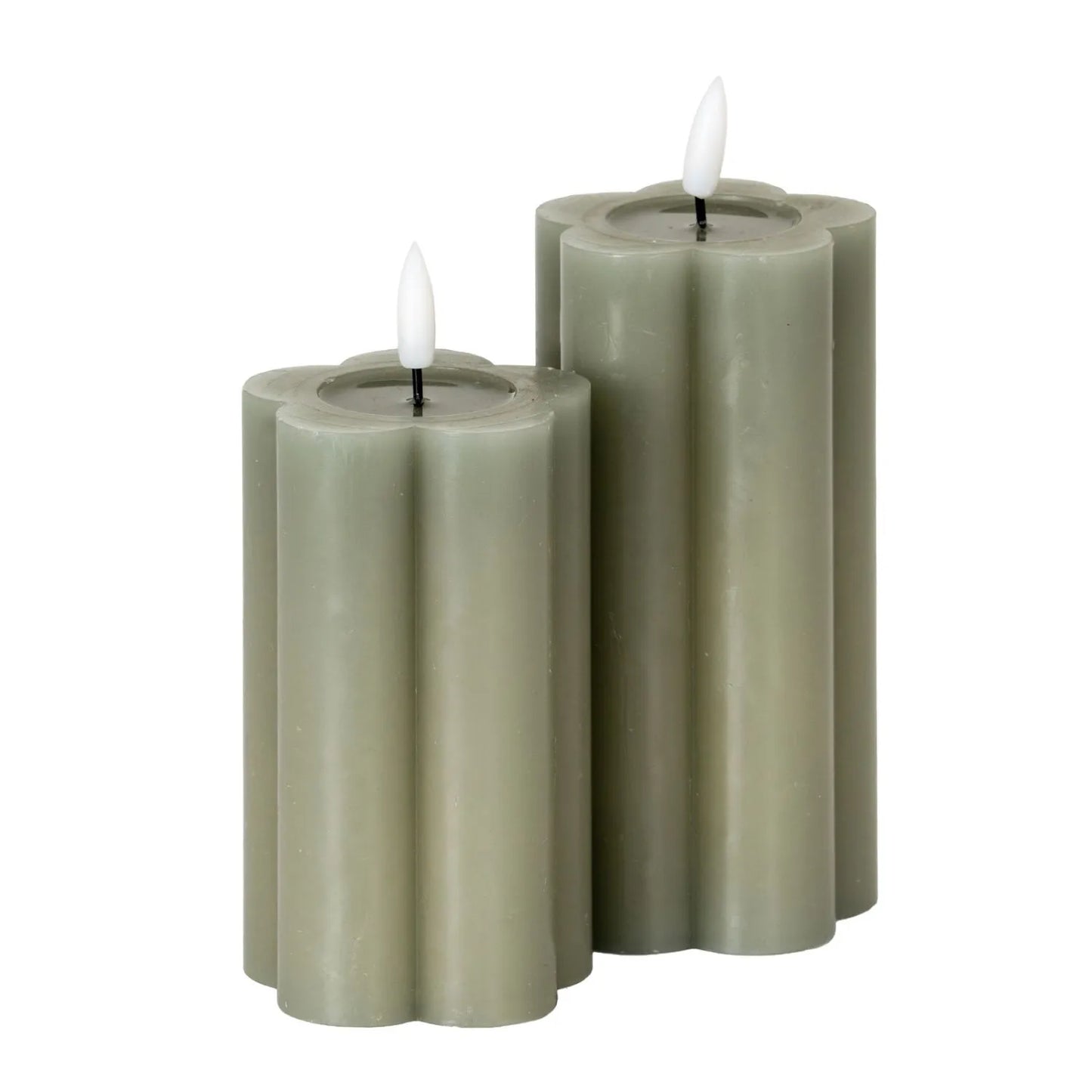 Medium & Large Grey-Sage Scalloped Real Wax LED Flameless Pillar Candles with Realistic Flickering Flame – Battery Operated Decorative Lights 12x7x7cm & 15x7x7cm | Click Style