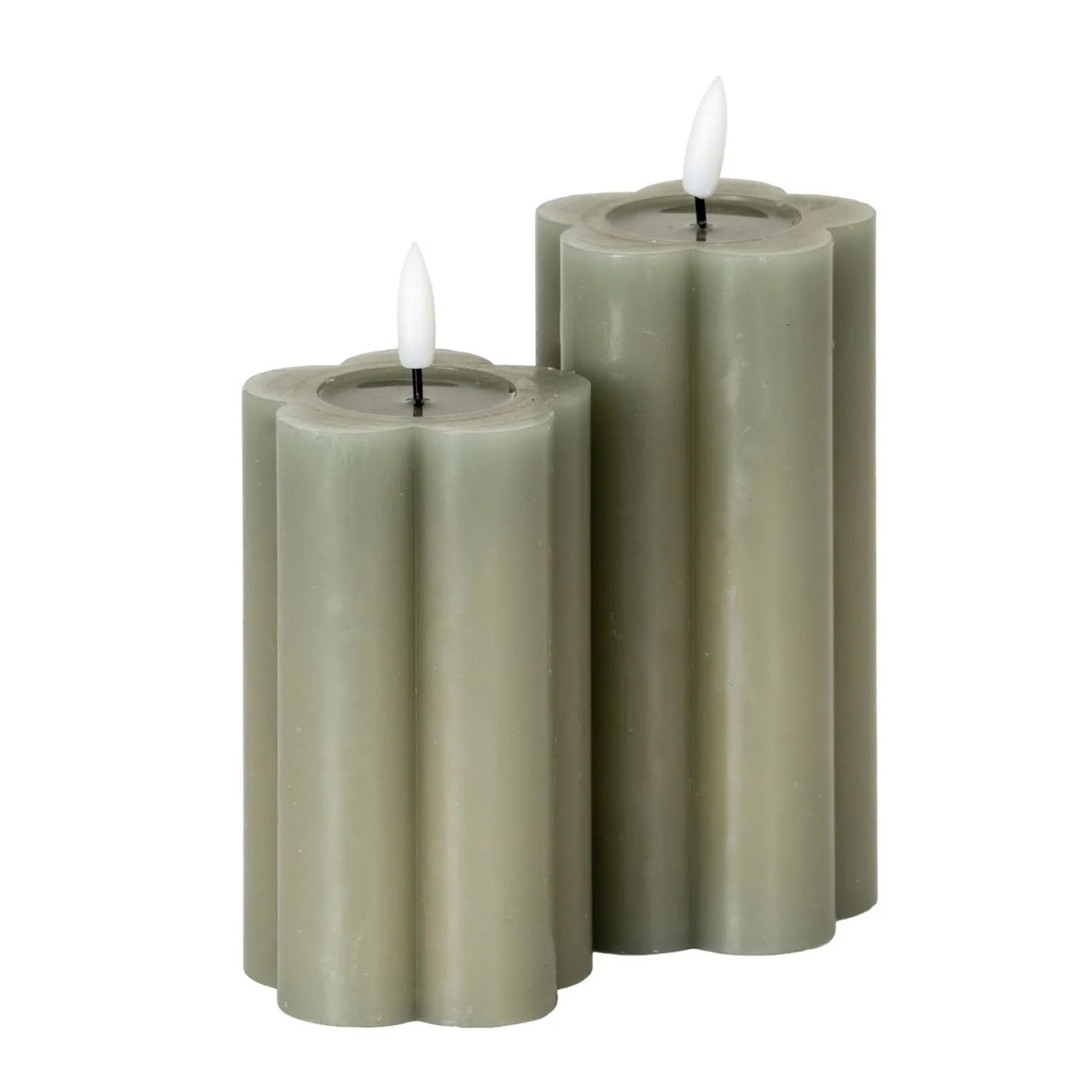 Medium & Large Grey-Sage Scalloped Real Wax LED Flameless Pillar Candles with Realistic Flickering Flame – Battery Operated Decorative Lights 12x7x7cm & 15x7x7cm | Click Style