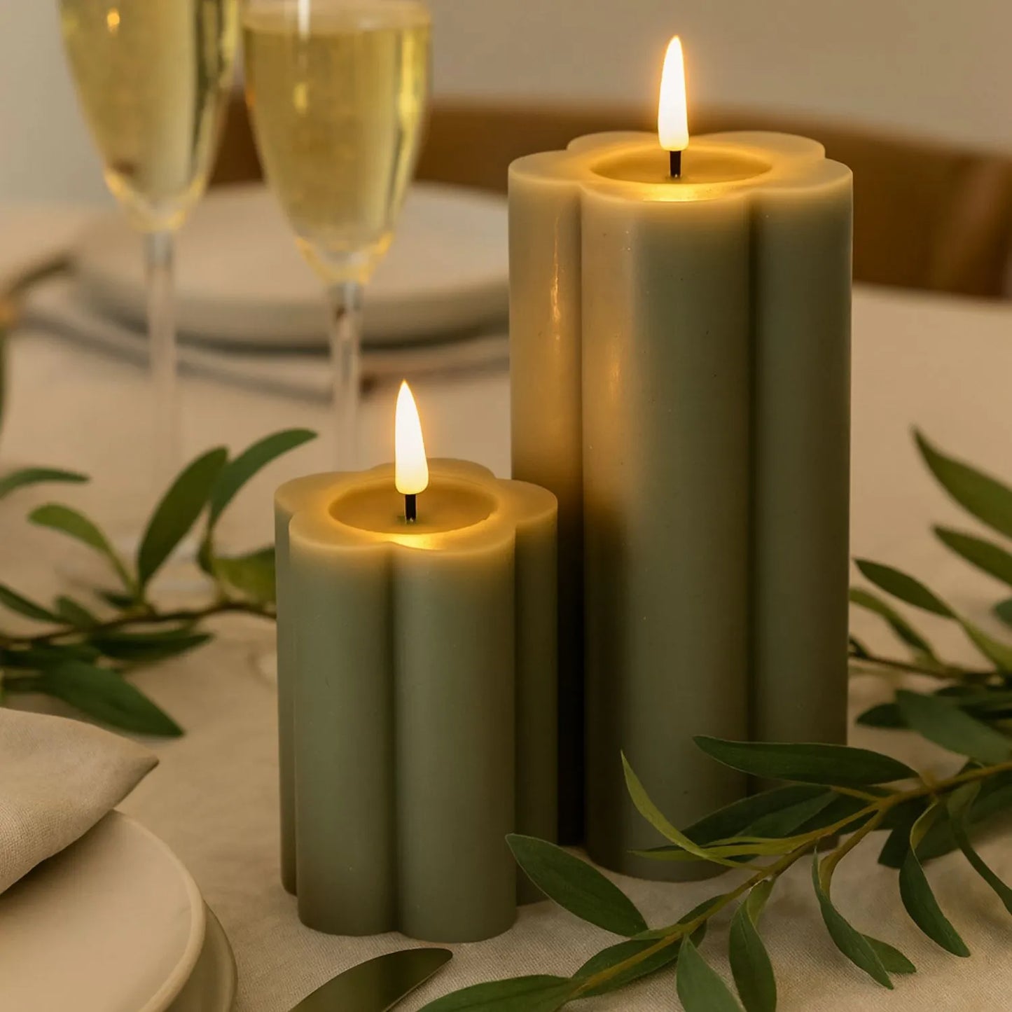 Medium & Large Grey-Sage Scalloped Real Wax LED Flameless Pillar Candles with Realistic Flickering Flame – Battery Operated Decorative Lights 12x7x7cm & 15x7x7cm | Click Style