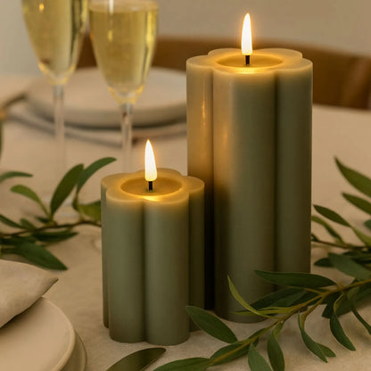 Medium & Large Grey-Sage Scalloped Real Wax LED Flameless Pillar Candles with Realistic Flickering Flame – Battery Operated Decorative Lights 12x7x7cm & 15x7x7cm | Click Style