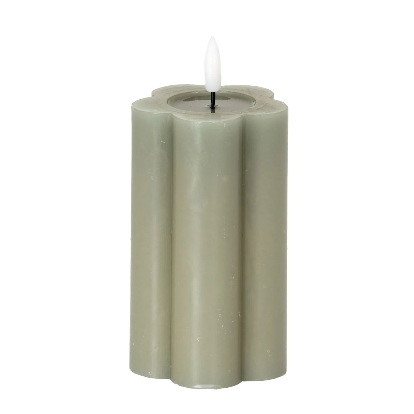 Medium & Large Grey-Sage Scalloped Real Wax LED Flameless Pillar Candles with Realistic Flickering Flame – Battery Operated Decorative Lights 12x7x7cm & 15x7x7cm | Click Style