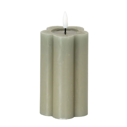 Medium & Large Grey-Sage Scalloped Real Wax LED Flameless Pillar Candles with Realistic Flickering Flame – Battery Operated Decorative Lights 12x7x7cm & 15x7x7cm | Click Style