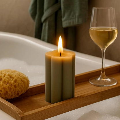 Medium & Large Grey-Sage Scalloped Real Wax LED Flameless Pillar Candles with Realistic Flickering Flame – Battery Operated Decorative Lights 12x7x7cm & 15x7x7cm | Click Style