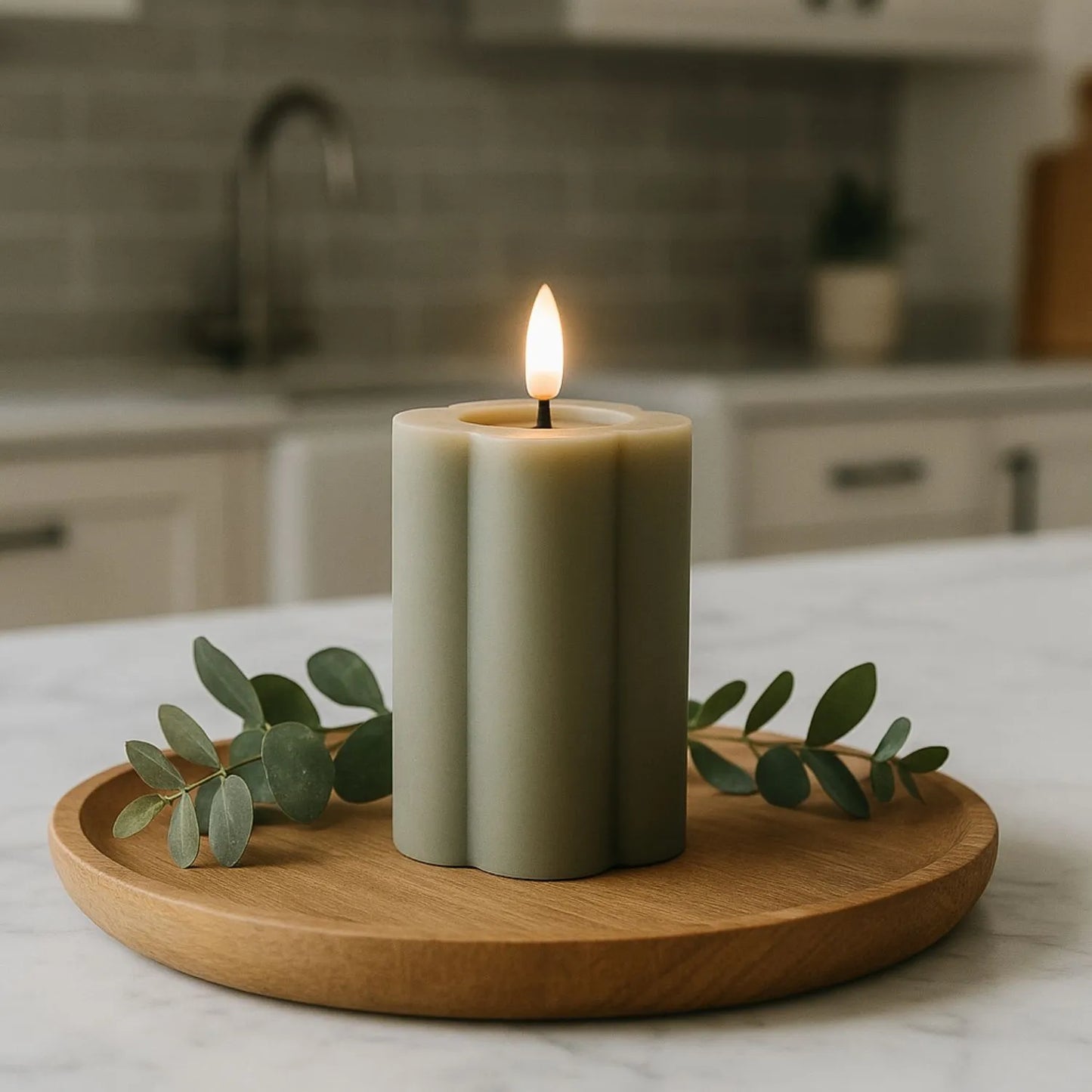 Medium & Large Grey-Sage Scalloped Real Wax LED Flameless Pillar Candles with Realistic Flickering Flame – Battery Operated Decorative Lights 12x7x7cm & 15x7x7cm | Click Style