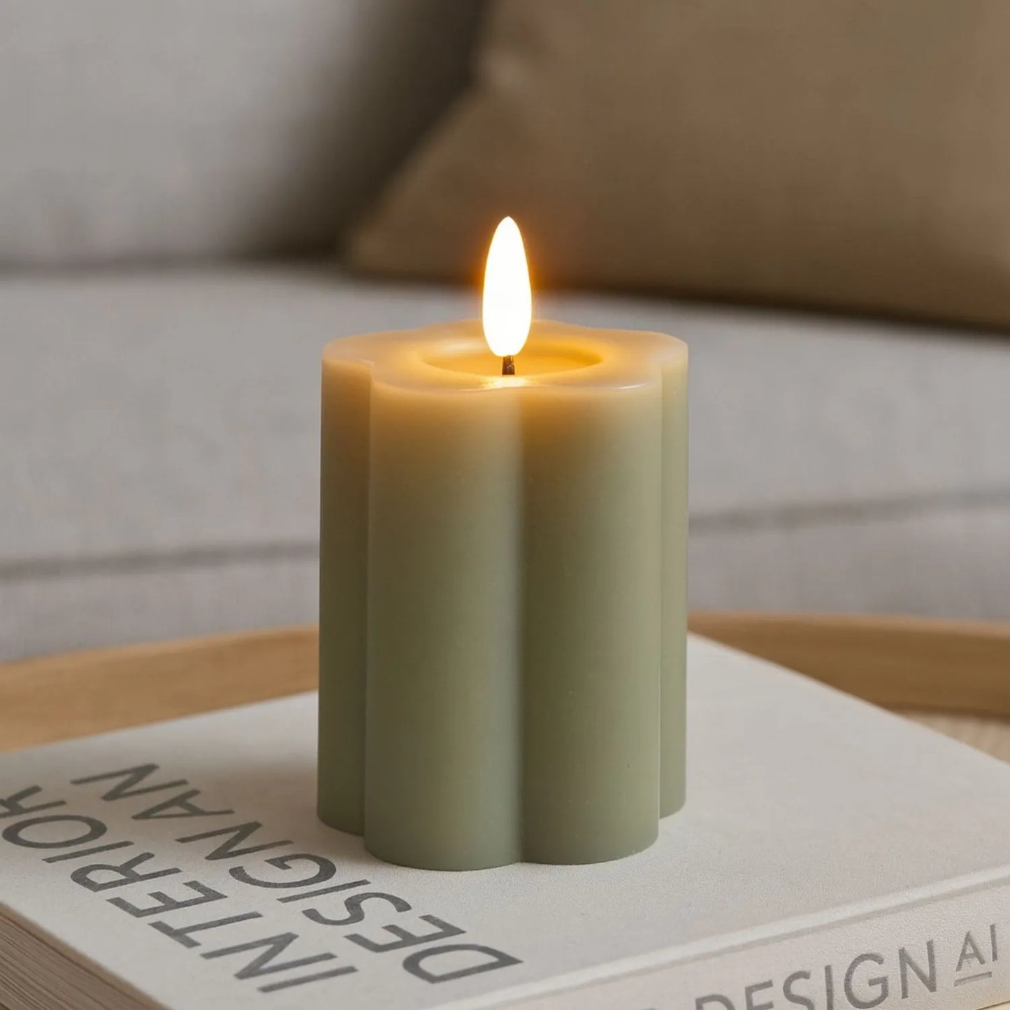 Medium & Large Grey-Sage Scalloped Real Wax LED Flameless Pillar Candles with Realistic Flickering Flame – Battery Operated Decorative Lights 12x7x7cm & 15x7x7cm | Click Style