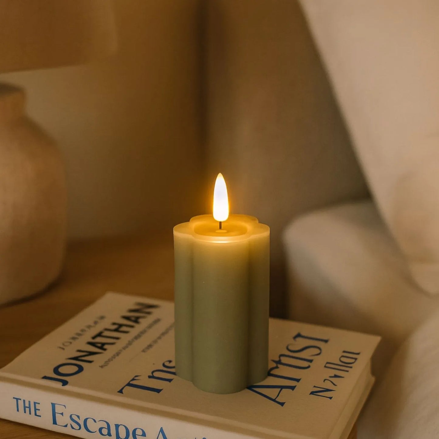 Medium & Large Grey-Sage Scalloped Real Wax LED Flameless Pillar Candles with Realistic Flickering Flame – Battery Operated Decorative Lights 12x7x7cm & 15x7x7cm | Click Style