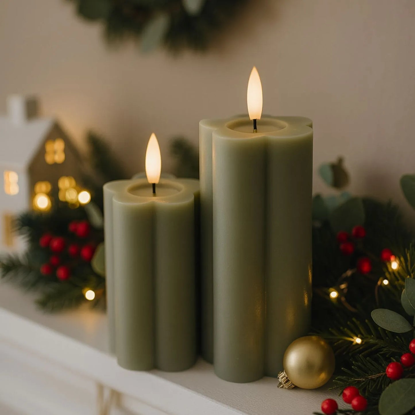 Medium & Large Grey-Sage Scalloped Real Wax LED Flameless Pillar Candles with Realistic Flickering Flame – Battery Operated Decorative Lights 12x7x7cm & 15x7x7cm | Click Style