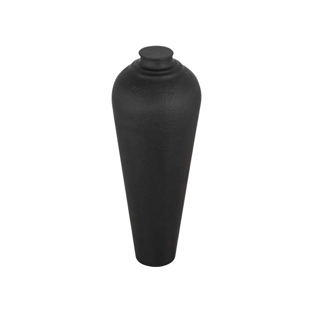 Medium Matt Black Hammered Metal Floor Standing Vase with Removable Lid – Tall Tapered Decorative Vase 80x31x31cm – Angled Product View Showing Removable Lid | Click Style