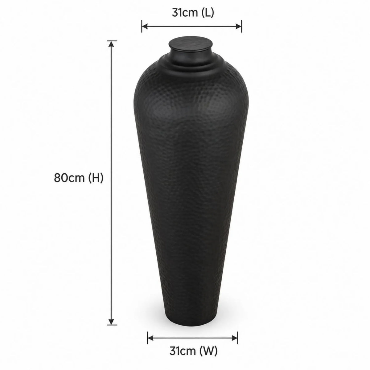 Medium Matt Black Hammered Metal Floor Standing Vase with Removable Lid – Tall Tapered Decorative Vase 80x31x31cm – Dimensions Diagram | Click Style