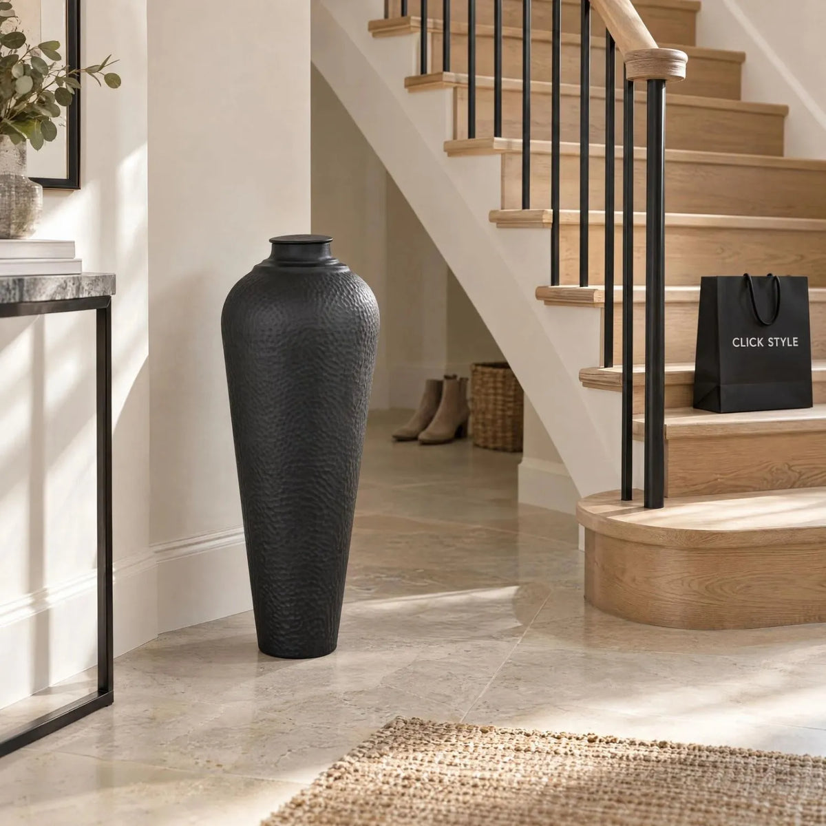 Medium Matt Black Hammered Metal Floor Standing Vase with Removable Lid – Tall Tapered Decorative Vase 80x31x31cm – Contemporary Staircase Lifestyle | Click Style