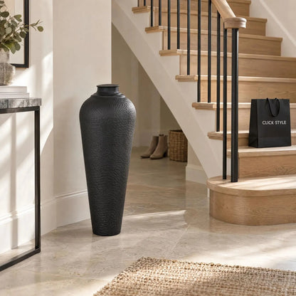 Medium Matt Black Hammered Metal Floor Standing Vase with Removable Lid – Tall Tapered Decorative Vase 80x31x31cm – Contemporary Staircase Lifestyle | Click Style