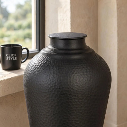 Medium Matt Black Hammered Metal Floor Standing Vase with Removable Lid – Tall Tapered Decorative Vase 80x31x31cm – Removable Lid & Hammered Texture Detail | Click Style