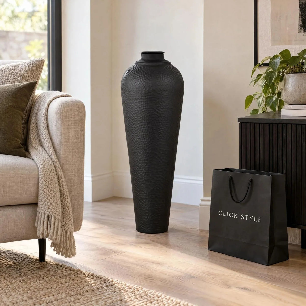 Medium Matt Black Hammered Metal Floor Standing Vase with Removable Lid – Tall Tapered Decorative Vase 80x31x31cm – Contemporary Living Room Lifestyle | Click Style