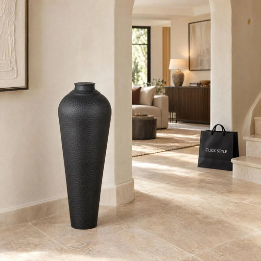 Medium Matt Black Hammered Metal Floor Standing Vase with Removable Lid – Tall Tapered Decorative Vase 80x31x31cm – Architectural Hallway Lifestyle | Click Style