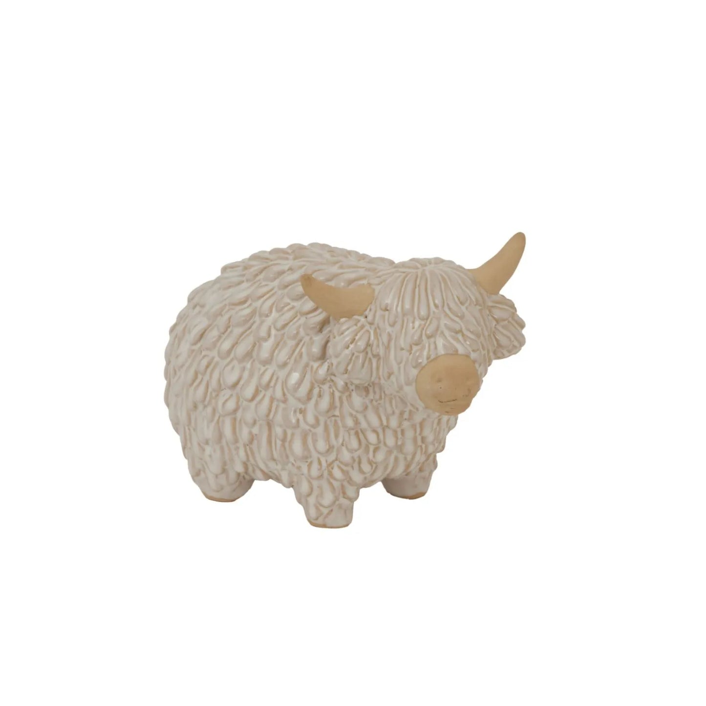 Medium Neutral White Ceramic Highland Cow Ornament with Textured Shaggy Coat & Horns – Rustic Farmhouse Decorative Sculpture 14x20x11cm | Click Style
