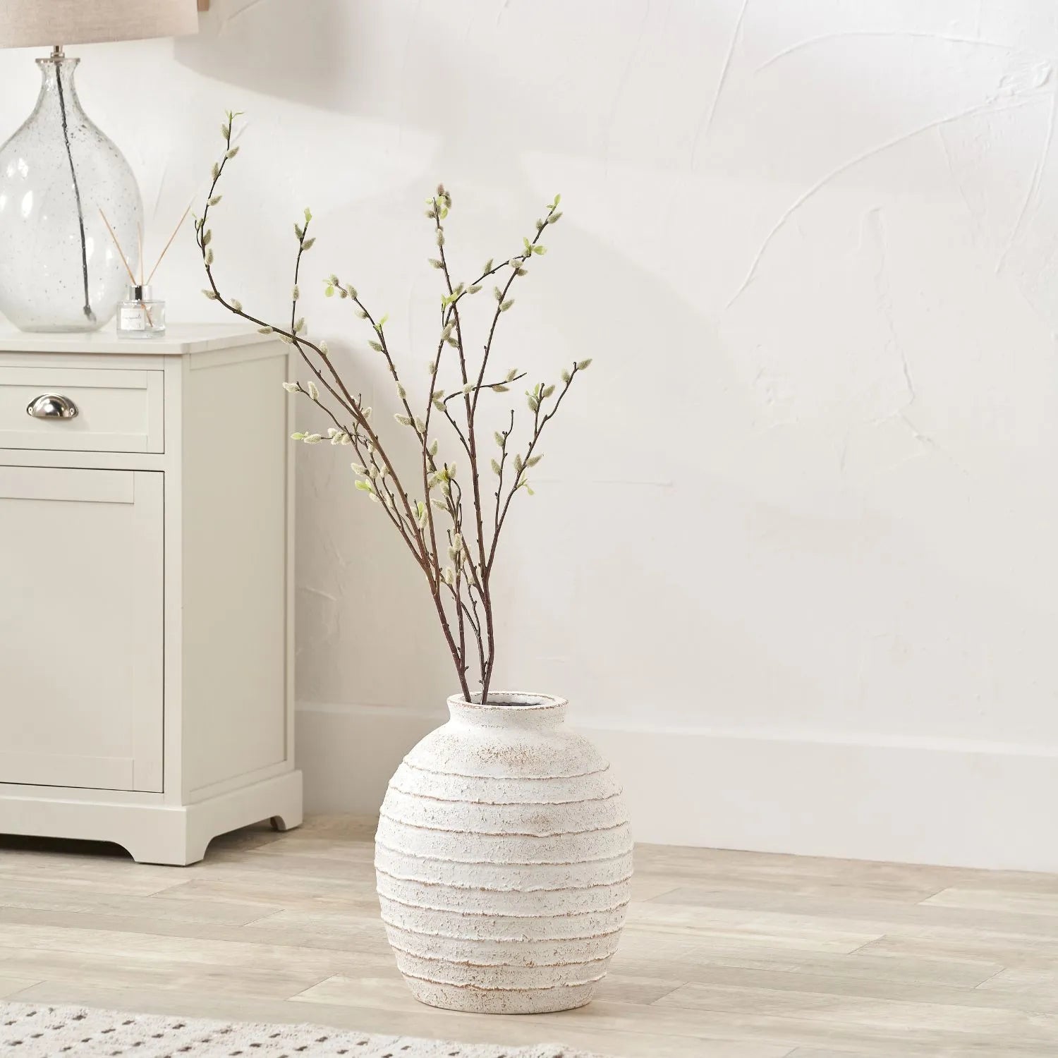 Medium White Ribbed Decorative Floor Standing Vase with Stone-Effect Finish – Textured Fibrestone Display Vessel for Faux Flowers H38xW32xD32cm - Click Style