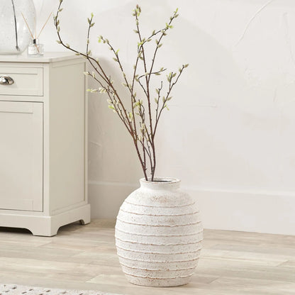 Medium White Ribbed Decorative Floor Standing Vase with Stone-Effect Finish – Textured Fibrestone Display Vessel for Faux Flowers H38xW32xD32cm - Click Style