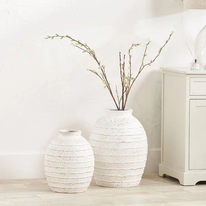 Medium White Ribbed Decorative Floor Standing Vase with Stone-Effect Finish – Textured Fibrestone Display Vessel for Faux Flowers H38xW32xD32cm - Click Style