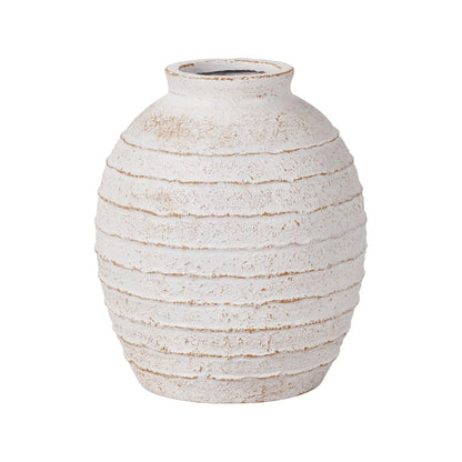 Medium White Ribbed Decorative Floor Standing Vase with Stone-Effect Finish – Textured Fibrestone Display Vessel for Faux Flowers H38xW32xD32cm - Click Style
