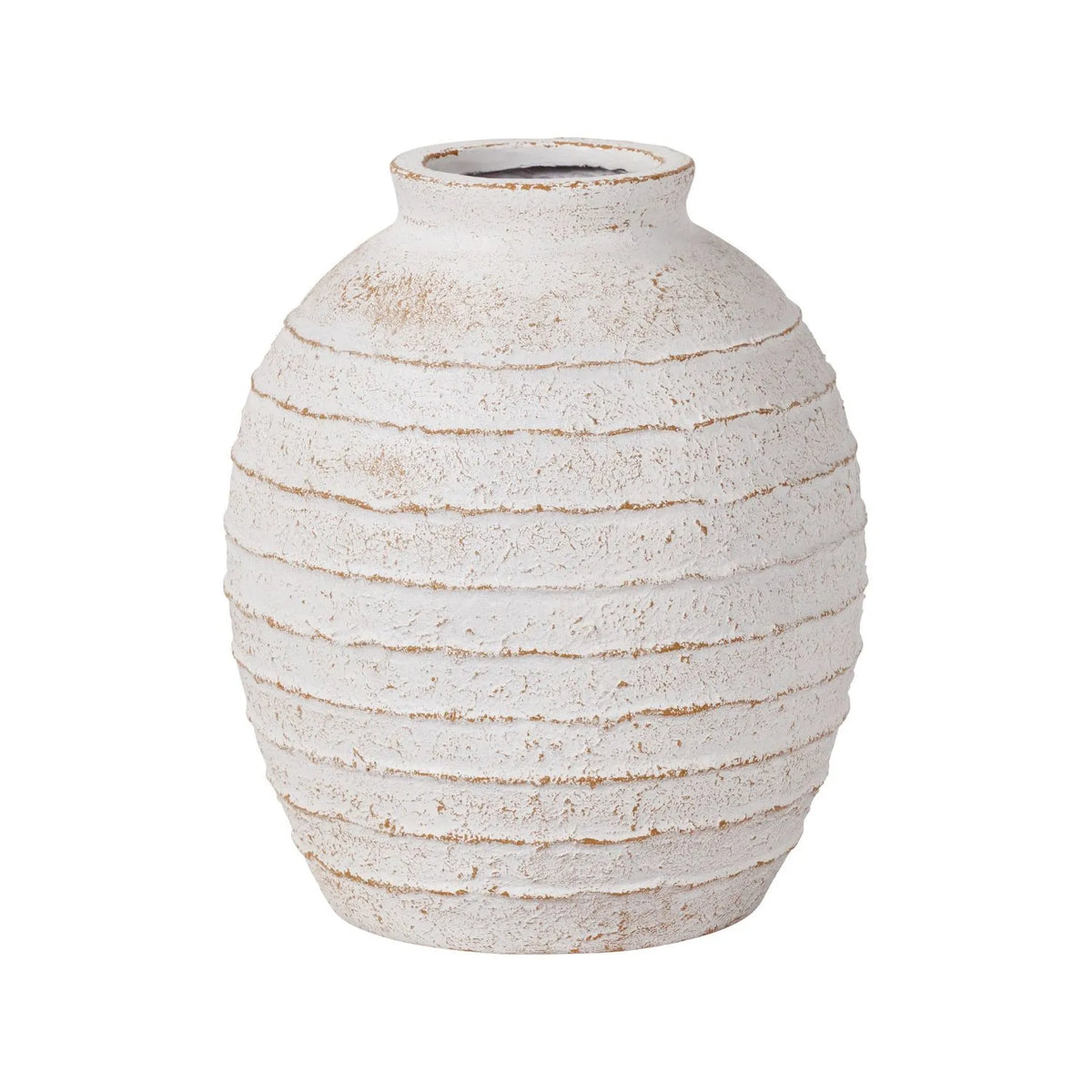 Medium White Wash Fibrestone Floor Standing Vase with Ribbed Texture – Distressed Stone-Effect Decorative Vase 38x32x32cm – Full Front Product View | Click Style