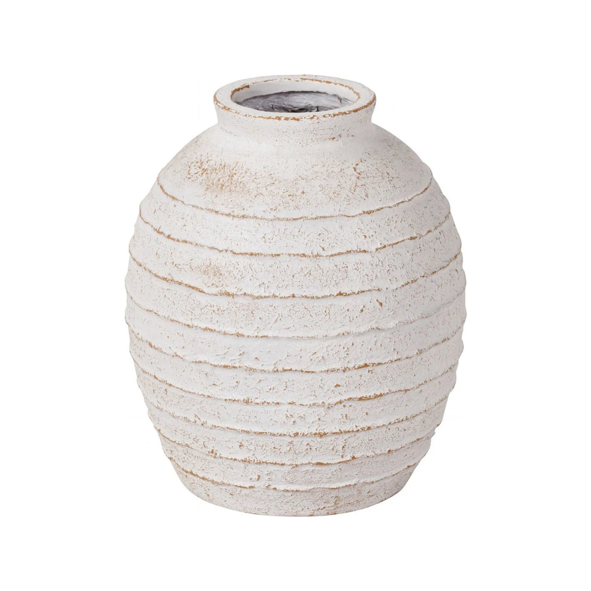 Medium White Wash Fibrestone Floor Standing Vase with Ribbed Texture – Distressed Stone-Effect Decorative Vase 38x32x32cm – Full Angled Product View | Click Style