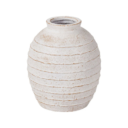 Medium White Wash Fibrestone Floor Standing Vase with Ribbed Texture – Distressed Stone-Effect Decorative Vase 38x32x32cm – Full Angled Product View | Click Style