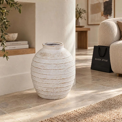 Medium White Wash Fibrestone Floor Standing Vase with Ribbed Texture – Distressed Stone-Effect Decorative Vase 38x32x32cm – Neutral Living Room Lifestyle | Click Style
