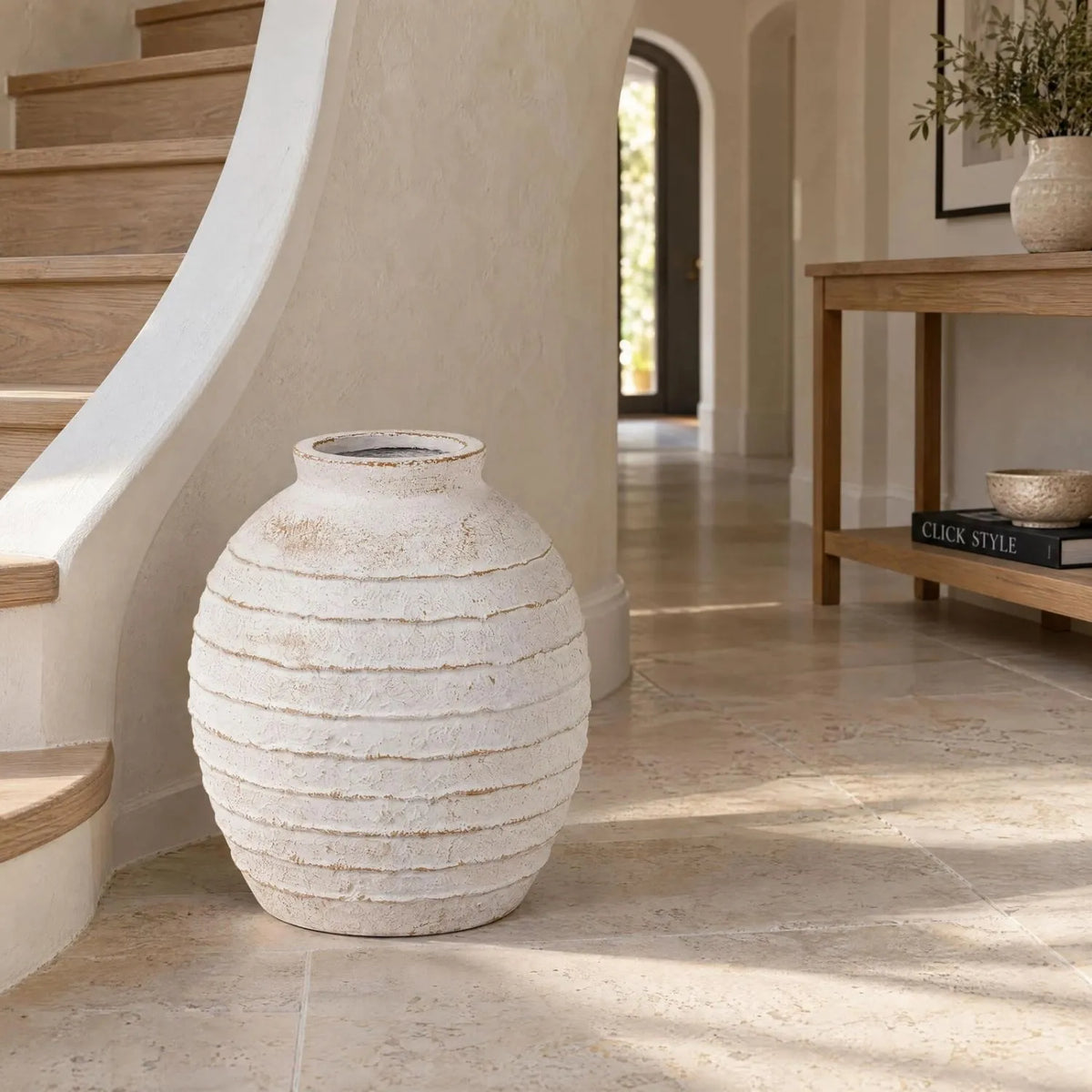 Medium White Wash Fibrestone Floor Standing Vase with Ribbed Texture – Distressed Stone-Effect Decorative Vase 38x32x32cm – Architectural Hallway & Staircase Lifestyle | Click Style