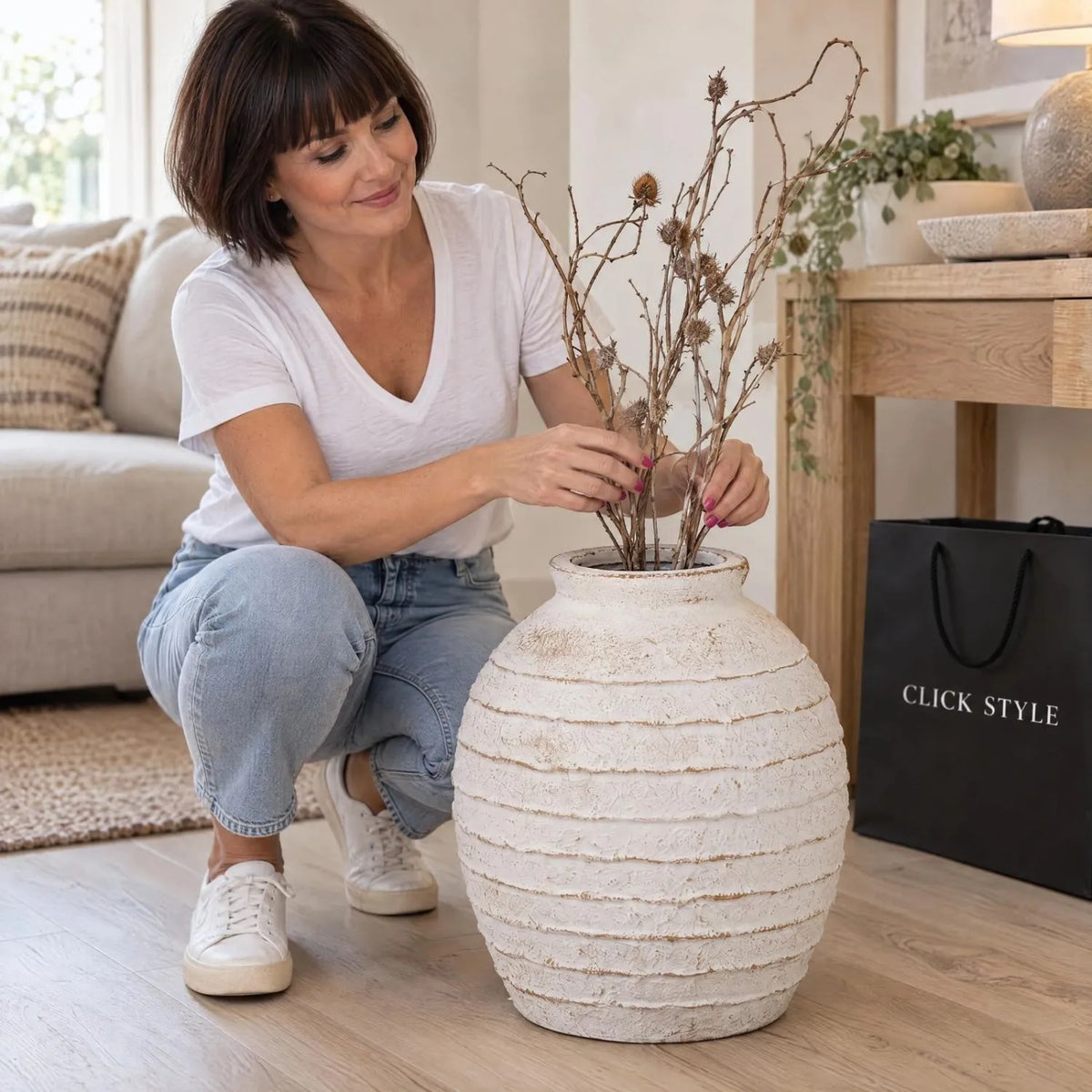 Medium White Wash Fibrestone Floor Standing Vase with Ribbed Texture – Distressed Stone-Effect Decorative Vase 38x32x32cm – Woman Styling with Tall Dried Branches | Click Style
