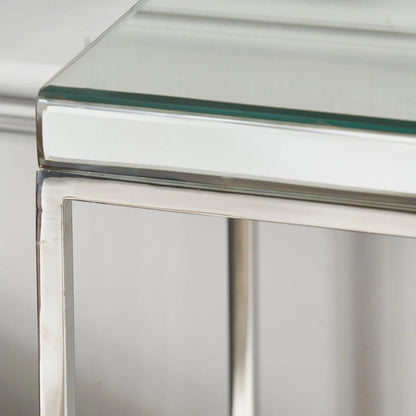 Mirrored Glass & Silver Metal Console Table with Bevelled Edge Mirrored Top and Slim Polished Metal Frame – Hallway Console Table 80x100x30cm | Click Style
