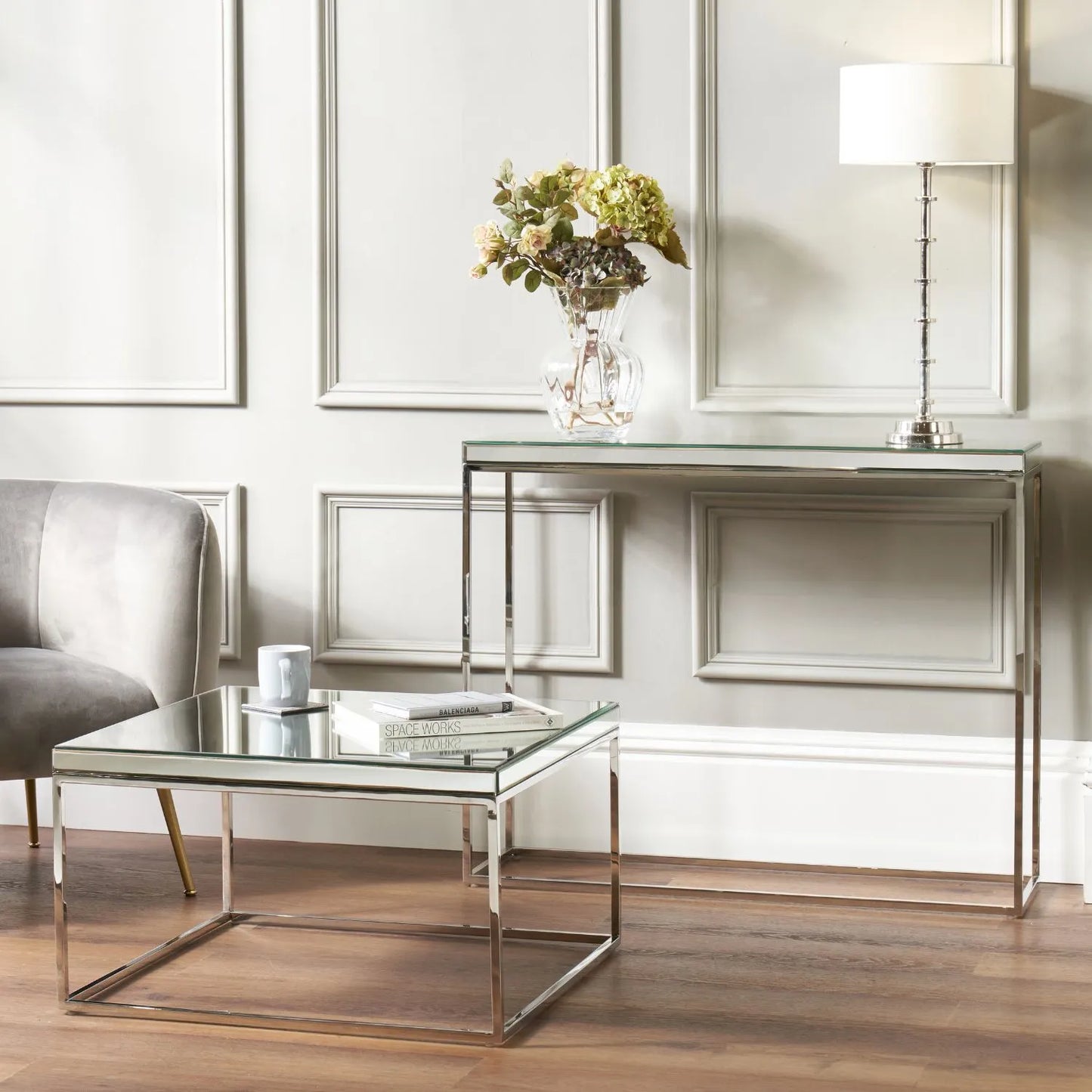 Mirrored Glass & Silver Metal Console Table with Bevelled Edge Mirrored Top and Slim Polished Metal Frame – Hallway Console Table 80x100x30cm | Click Style