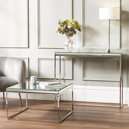 Mirrored Glass & Silver Metal Console Table with Bevelled Edge Mirrored Top and Slim Polished Metal Frame – Hallway Console Table 80x100x30cm | Click Style