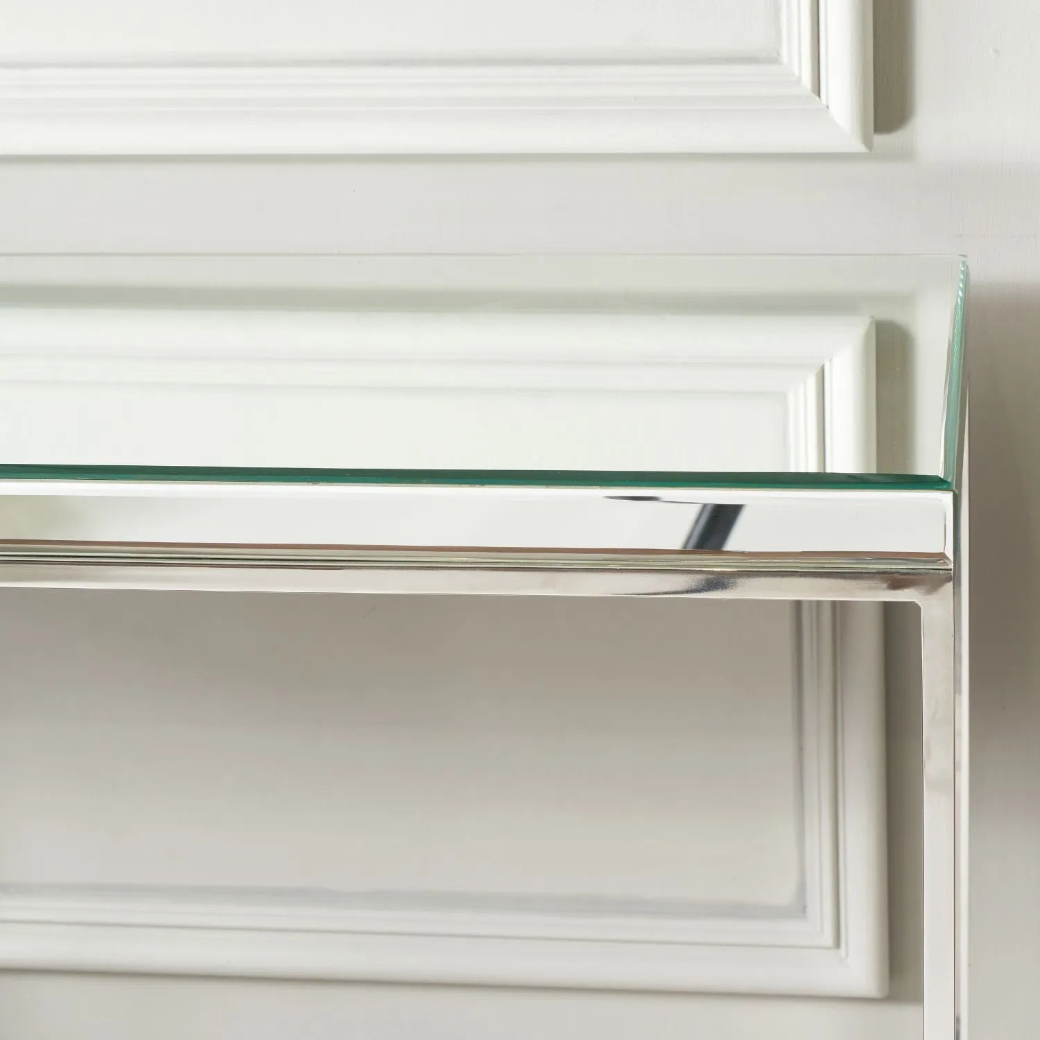 Mirrored Glass & Silver Metal Console Table with Bevelled Edge Mirrored Top and Slim Polished Metal Frame – Hallway Console Table 80x100x30cm | Click Style