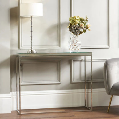 Mirrored Glass & Silver Metal Console Table with Bevelled Edge Mirrored Top and Slim Polished Metal Frame – Hallway Console Table 80x100x30cm | Click Style