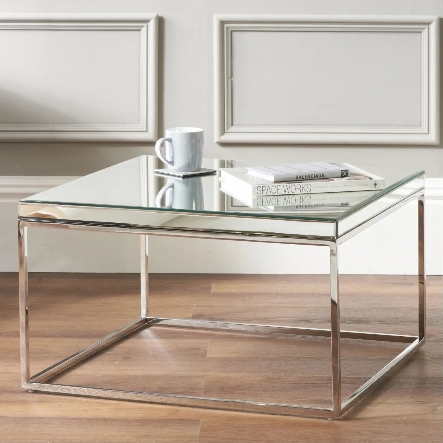 Mirrored Glass & Silver Metal Square Coffee Table with Bevelled Edge Mirrored Top and Polished Silver Metal Frame 40x70x70cm | Click Style