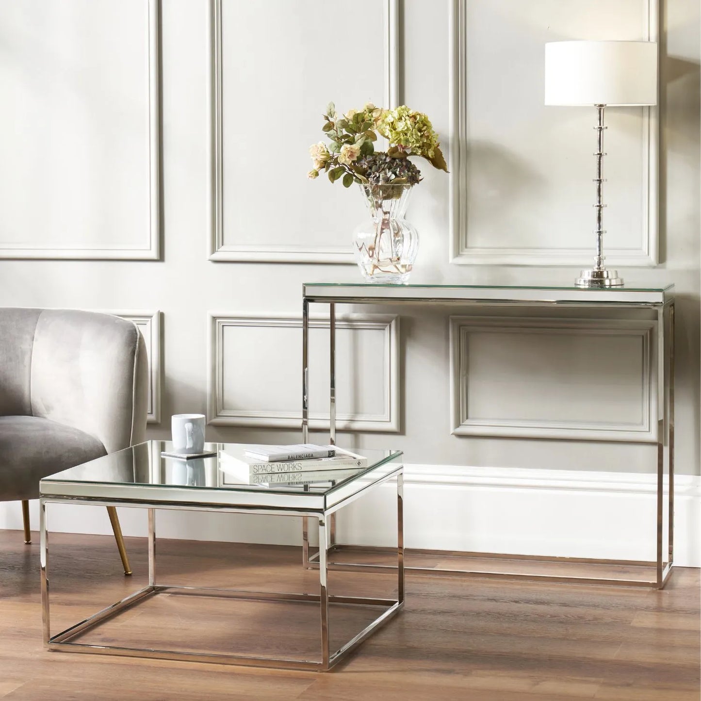 Mirrored Glass & Silver Metal Square Coffee Table with Bevelled Edge Mirrored Top and Polished Silver Metal Frame 40x70x70cm | Click Style