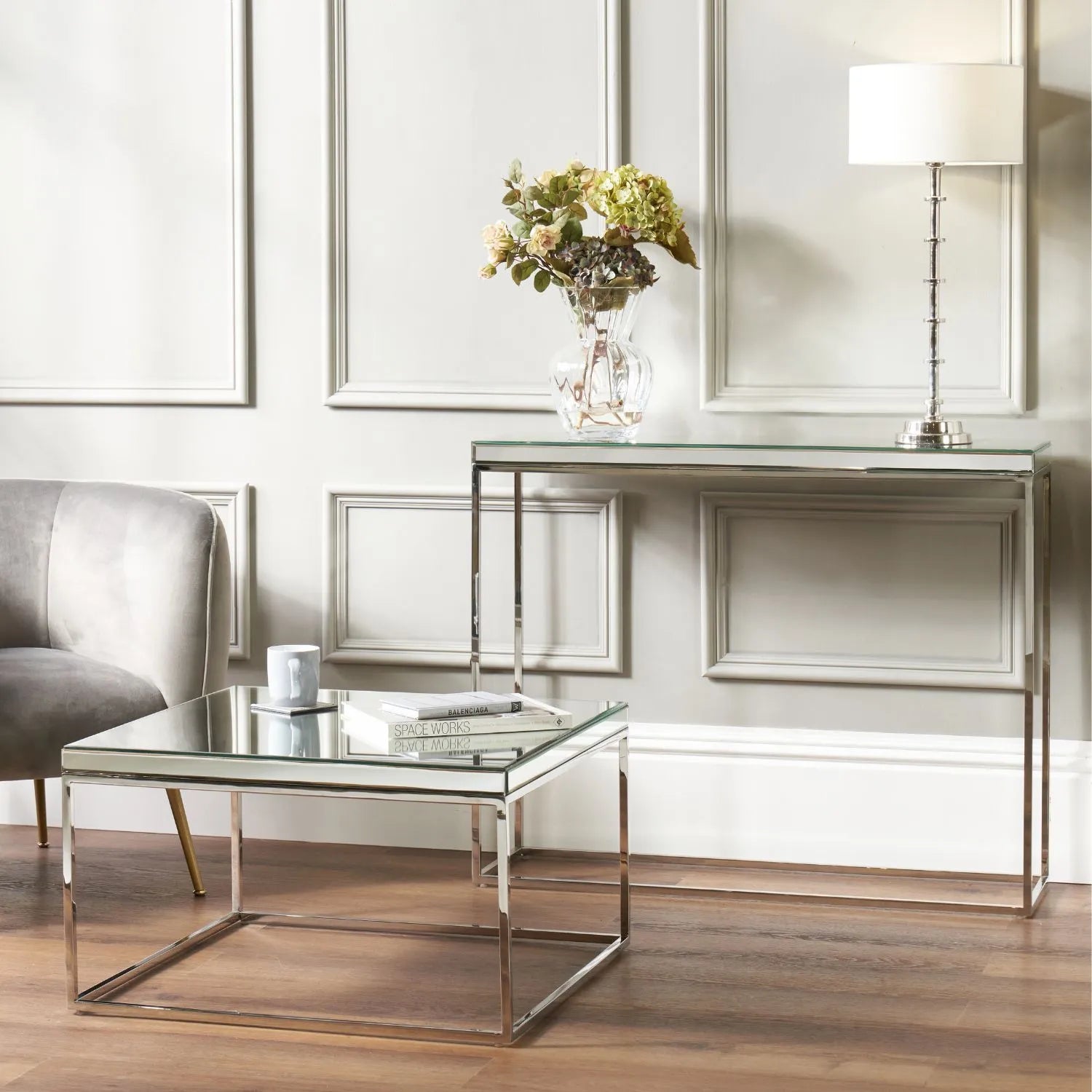 Mirrored Glass & Silver Metal Square Coffee Table with Bevelled Edge Mirrored Top and Polished Silver Metal Frame 40x70x70cm | Click Style