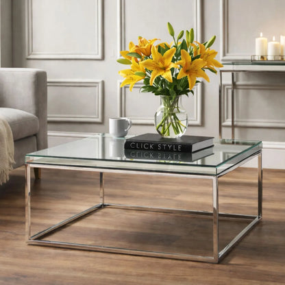 Mirrored Glass & Silver Metal Square Coffee Table with Bevelled Edge Mirrored Top and Polished Silver Metal Frame 40x70x70cm | Click Style