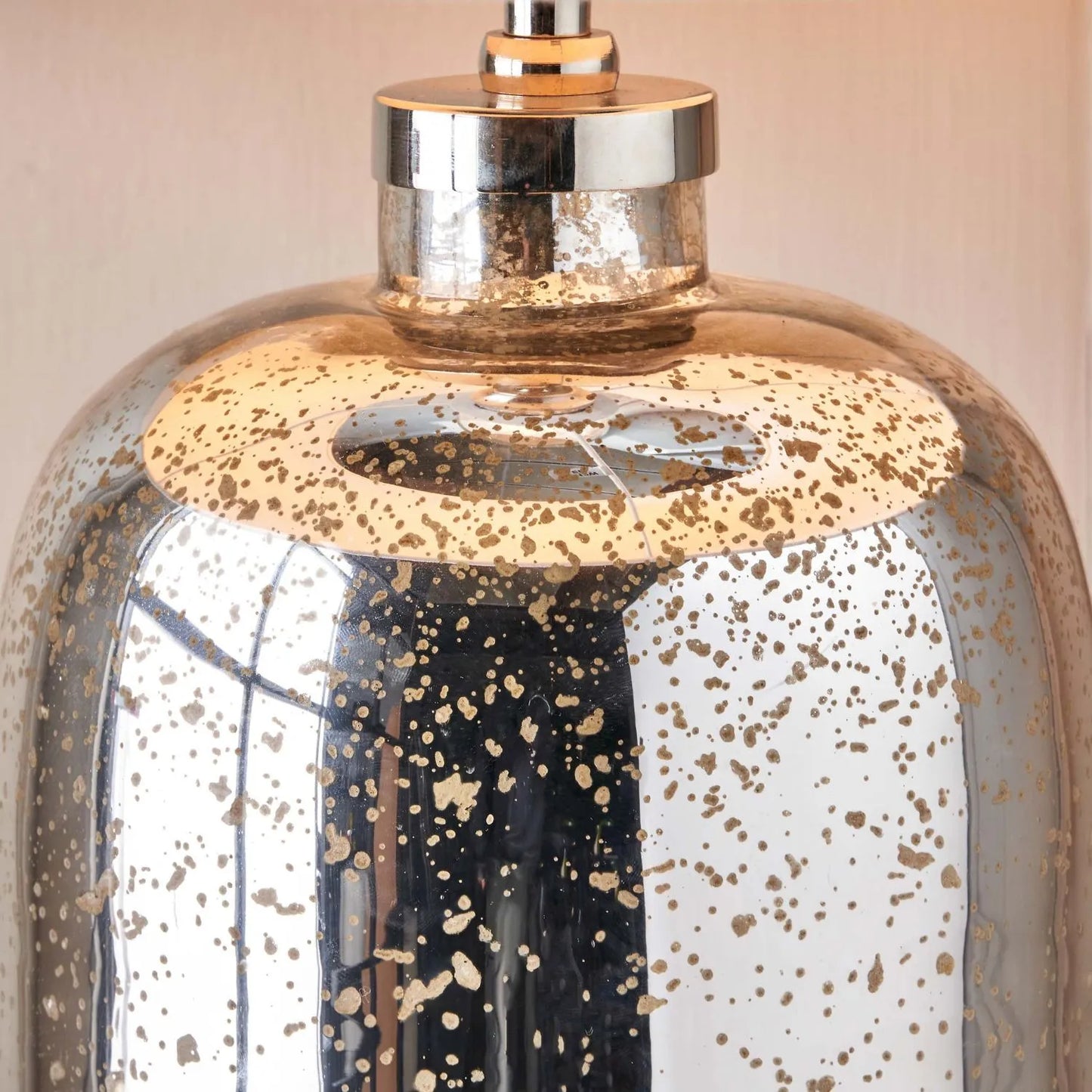 Mirrored mercury glass bottle-shaped table lamp with beige taupe cotton drum shade – contemporary mottled glass decorative lamp 63x40x40cm | Click Style