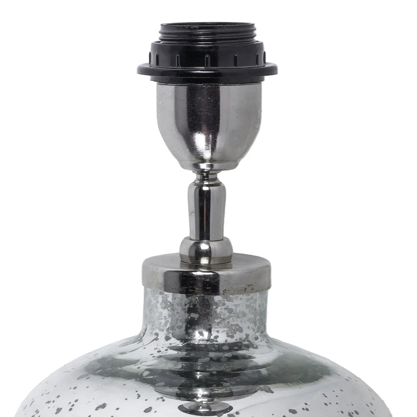 Mirrored mercury glass bottle-shaped table lamp with beige taupe cotton drum shade – contemporary mottled glass decorative lamp 63x40x40cm | Click Style