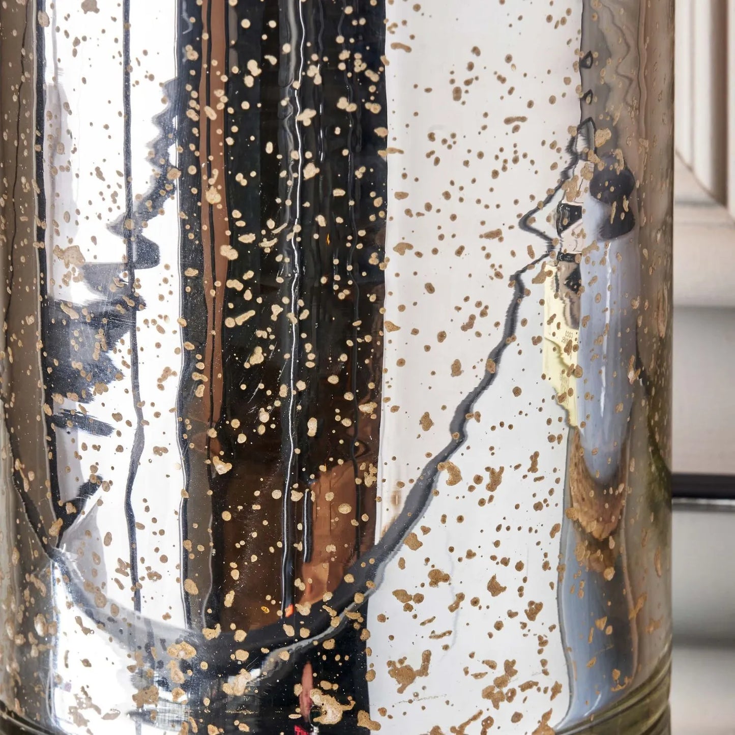 Mirrored mercury glass bottle-shaped table lamp with beige taupe cotton drum shade – contemporary mottled glass decorative lamp 63x40x40cm | Click Style