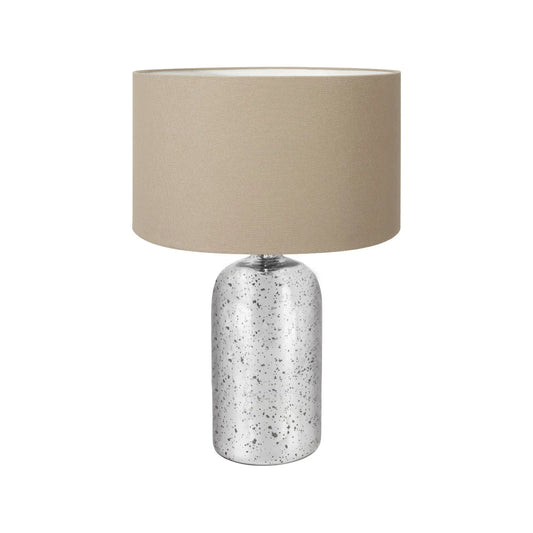 Mirrored mercury glass bottle-shaped table lamp with beige taupe cotton drum shade – contemporary mottled glass decorative lamp 63x40x40cm | Click Style