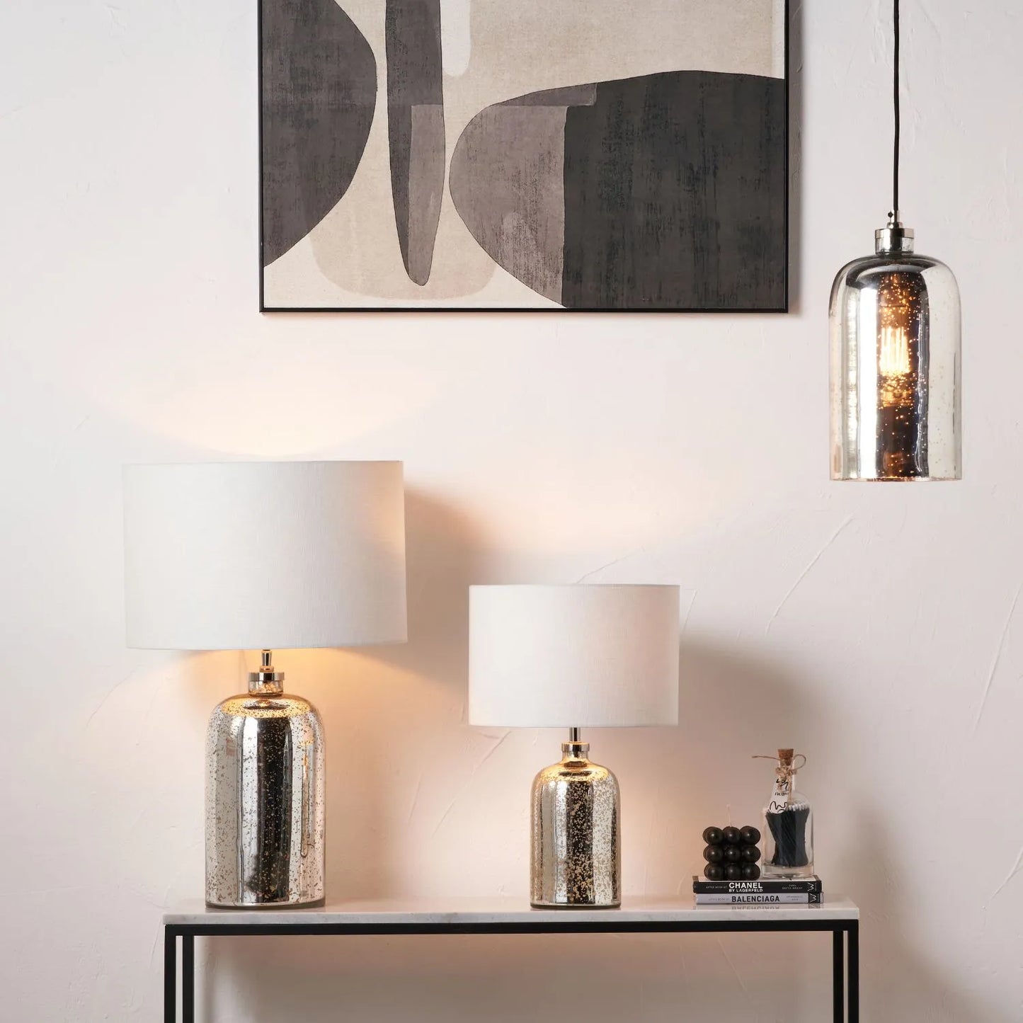 Mirrored Mercury Glass Bottle-Shaped Table Lamp with White Self-Lined Linen Drum Shade – Contemporary Decorative Mottled Glass Lamp 67x40x40cm