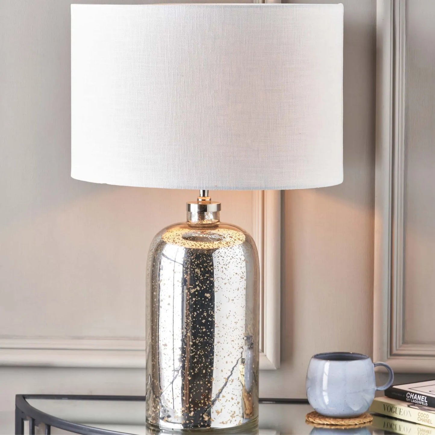 Mirrored Mercury Glass Bottle-Shaped Table Lamp With White Self-Lined Linen Drum Shade 67x40x40cm | Click Style
