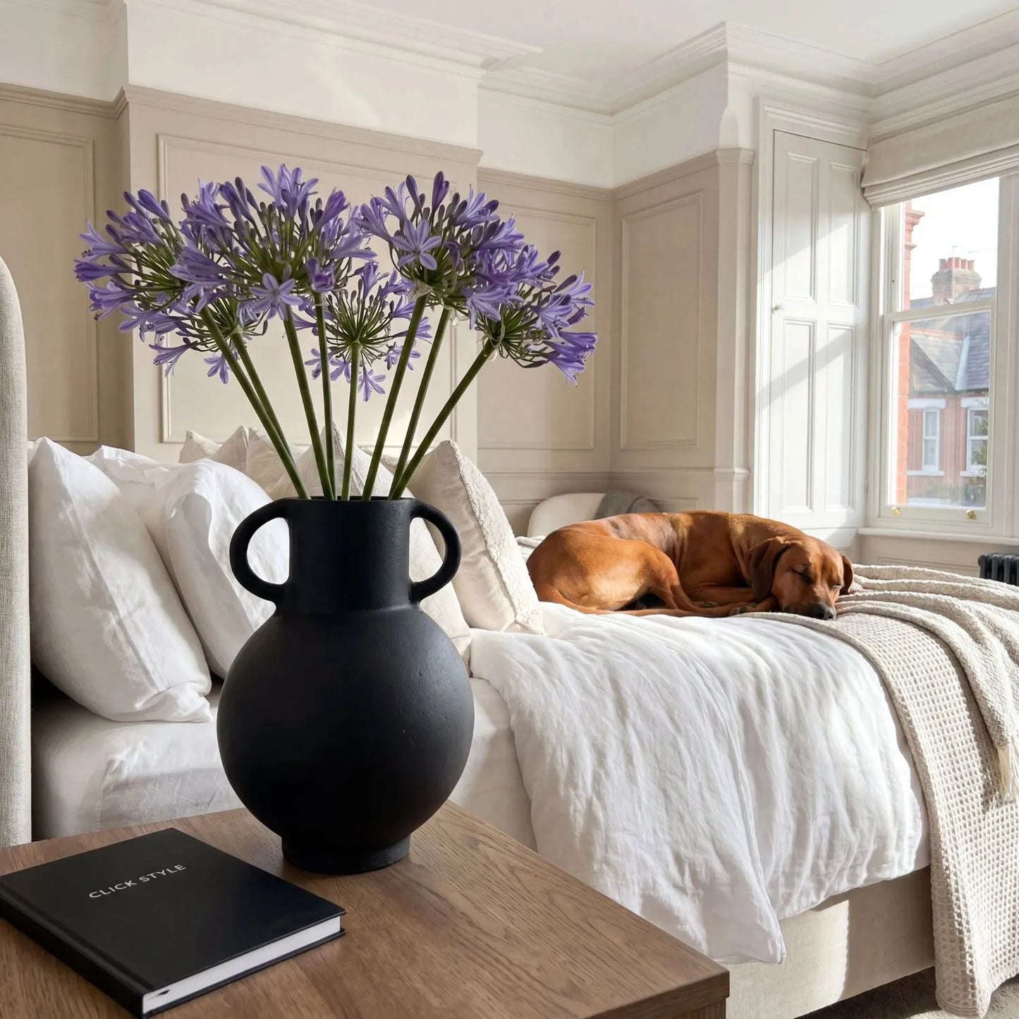 Modern Matt Black Metal Amphora Vase with Twin Handles and Greek Inspired Silhouette | Click Style