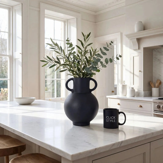 Modern Matt Black Metal Amphora Vase with Twin Handles and Greek Inspired Silhouette | Click Style
