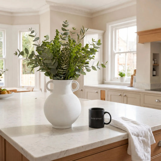 Modern Matt White Metal Amphora Vase with Curved Shape and Decorative Twin Handles | Click Style